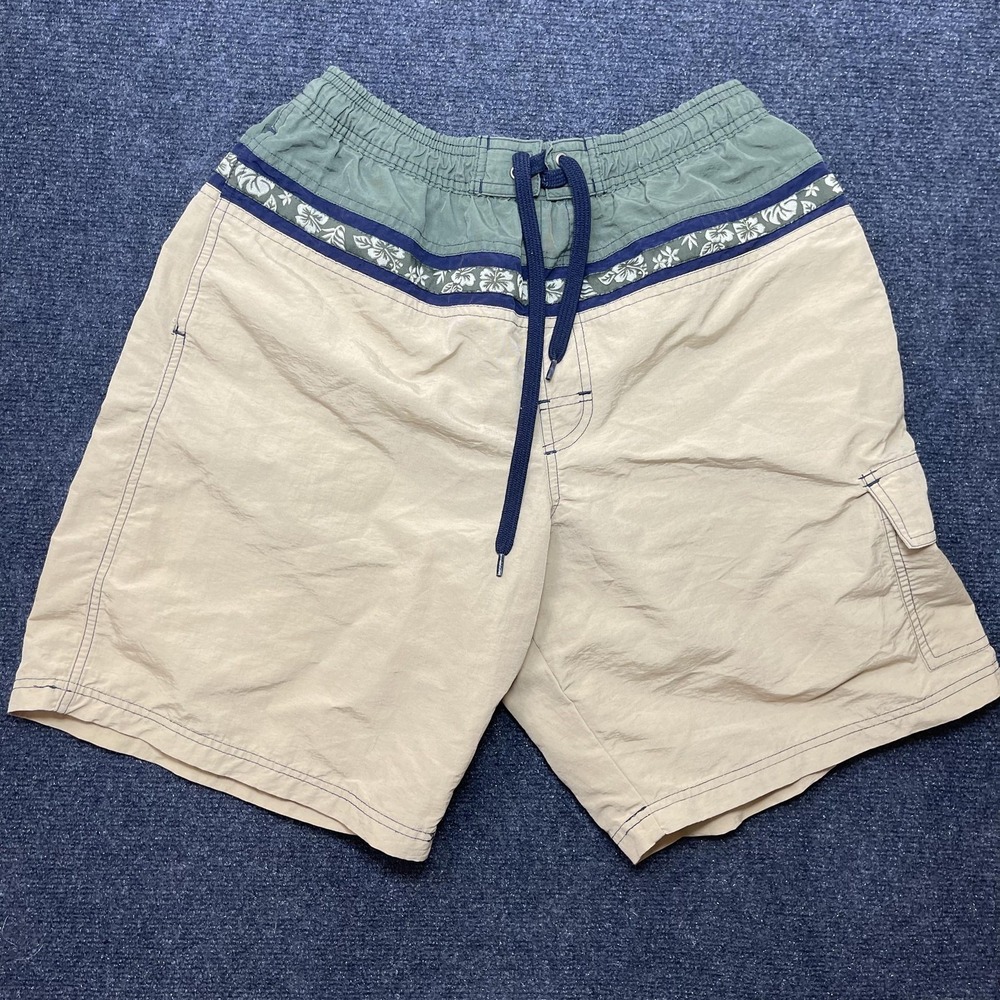 Speedo Swim Shorts Mens Medium Beige Floral Trim Mesh Lined Trunks Drawstring